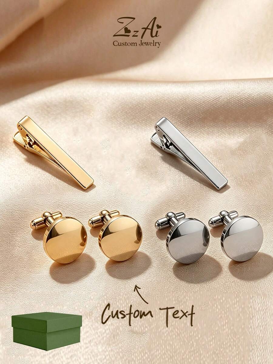 [ZzAi Custom]1 Set Customized Cufflinks And Tie Clip, Square And Round Cufflinks, Customized Text, Name, As Men's, Holiday Gift, Christmas Gift, High-End Customization, Wedding Gift - Round Style - View 1