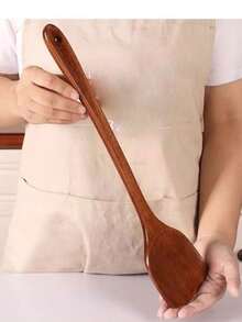 1pc/2pcs Wooden Spatula Spoon Long Handle Non-Stick Cookware Stir-Fry Turner Heat-Resistant Wooden Kitchen Utensil - Brown - View 2