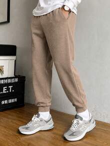 Whitmere Men's Khaki Soft Vertical Stripe Jogger Sweatpants, Elastic Waist Loose Casual Tapered Long Pants - Khaki - View 6