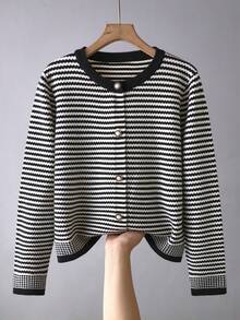 BYGOUBY Women's Striped Knit Cardigan, Round Neck Pearl Button Long Sleeve Casual Knit Sweater Jacket, Autumn/Winter - Black - View 6