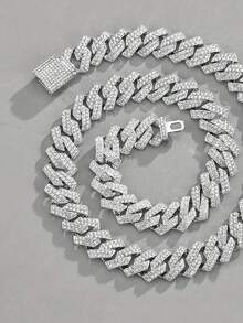 CVNANA 1件 15MM 歐美時尚嘻哈水鑽鏈條項鍊，百搭個性化男女嘻哈手鍊飾品，鋅合金珠寶 - 銀色 - 查看 13