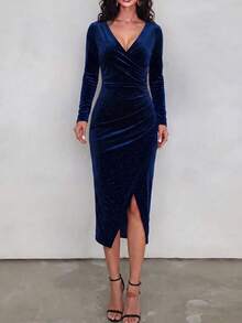 Women Elegant Sparkly Velvet Dress Deep V Neck Side Ruched Clothes For Fall Winter Dating Wedding Party Outfits - Blue - View 4