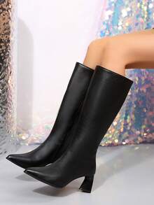 2025 Women's New Chunky High Heel Elastic Slimming Sock Boots Mid-Calf Ankle Boots - Black - View 2