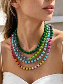 OABE 4pcs/Set Bohemian Style Dopamine Candy Color Beaded Layered Necklace Set, Suitable For Women's Daily Wear, Holiday Gift - Multicolor - View 1