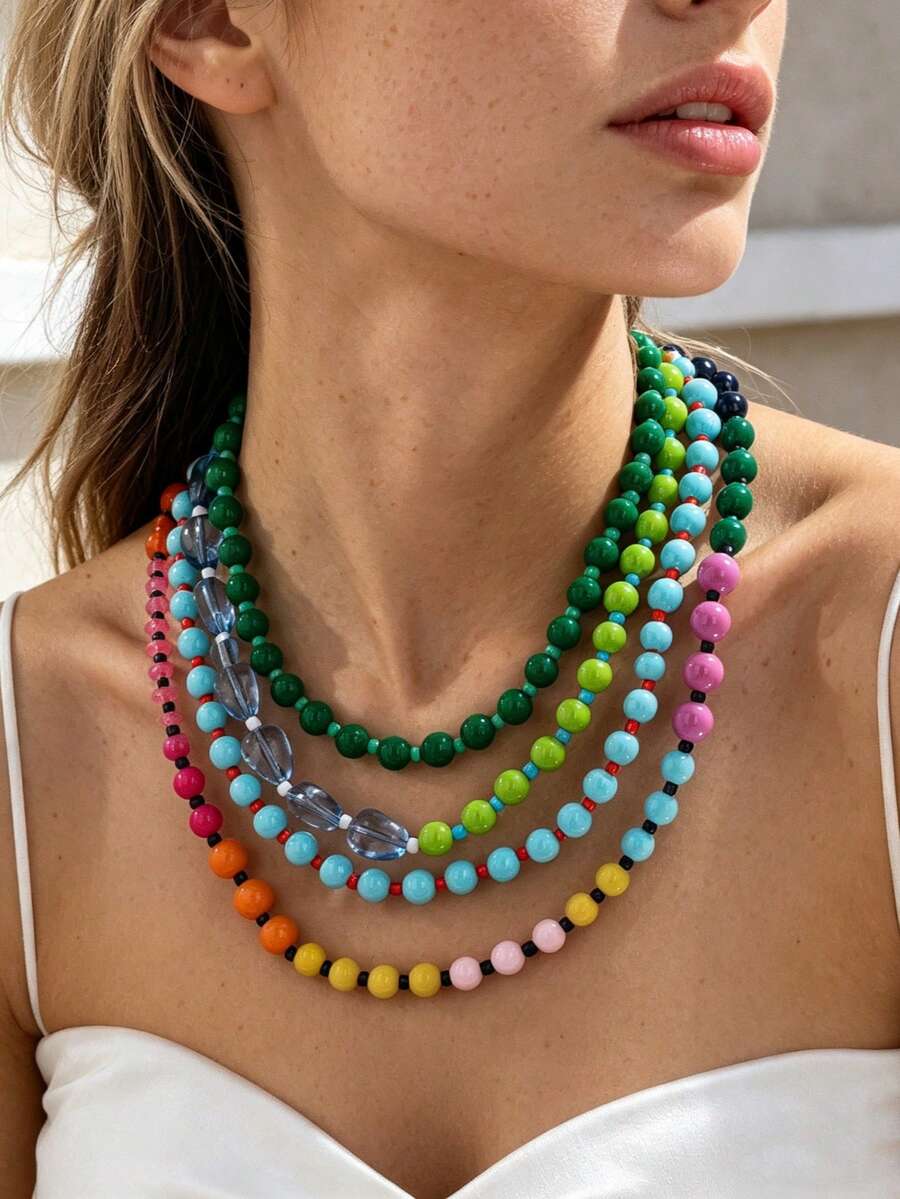 OABE 4pcs/Set Bohemian Style Dopamine Candy Color Beaded Layered Necklace Set, Suitable For Women's Daily Wear, Holiday Gift - Multicolor - View 1