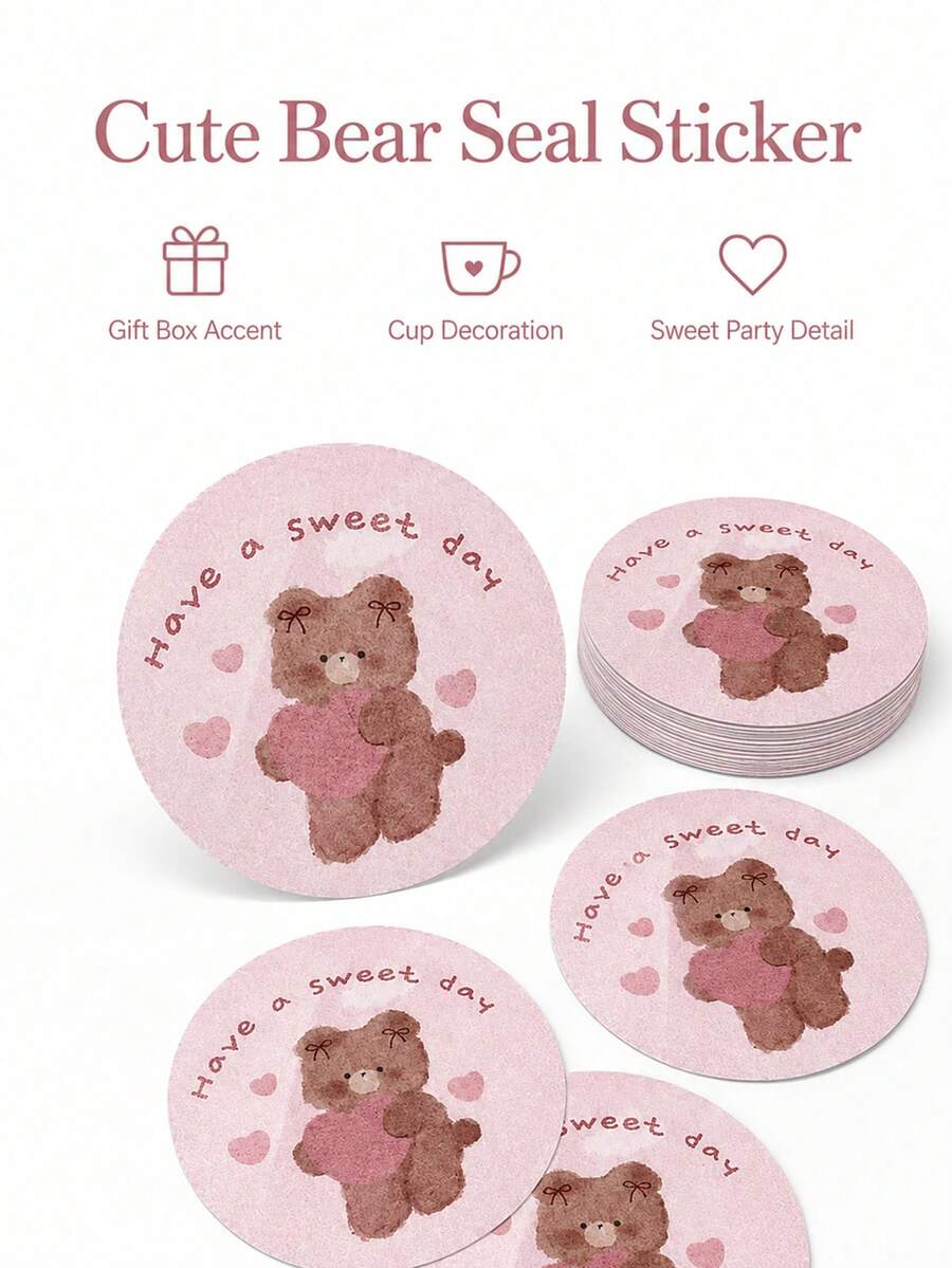 6pcs Cute Bear Stickers Pink Kawaii Round Sealing Labels Gift Packaging Birthday Party Favor Envelope Scrapbook Decoration Self Adhesive Sticker Set - Multicolor - View 1