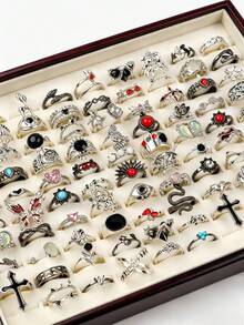 15/25Pcs/Lot Vintage Punk Colorful Stones Men Women Rings Spider Skeleton Bat Random Styles Festival Party Gifts For Friends Daily Wearing Accessories - Vintage Black Stone Flower Gun Black Punk Ring - View 3