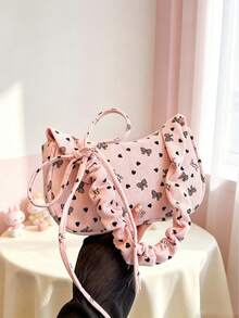 Cute Pink Corduroy One Shoulder Underarm Bag For Girls, Bow & Heart Print Ruched Strap Hobo Bag, Ruched Strap Y2K Style Underarm Bag, Casual Daily Small Bag - Pink - View 2