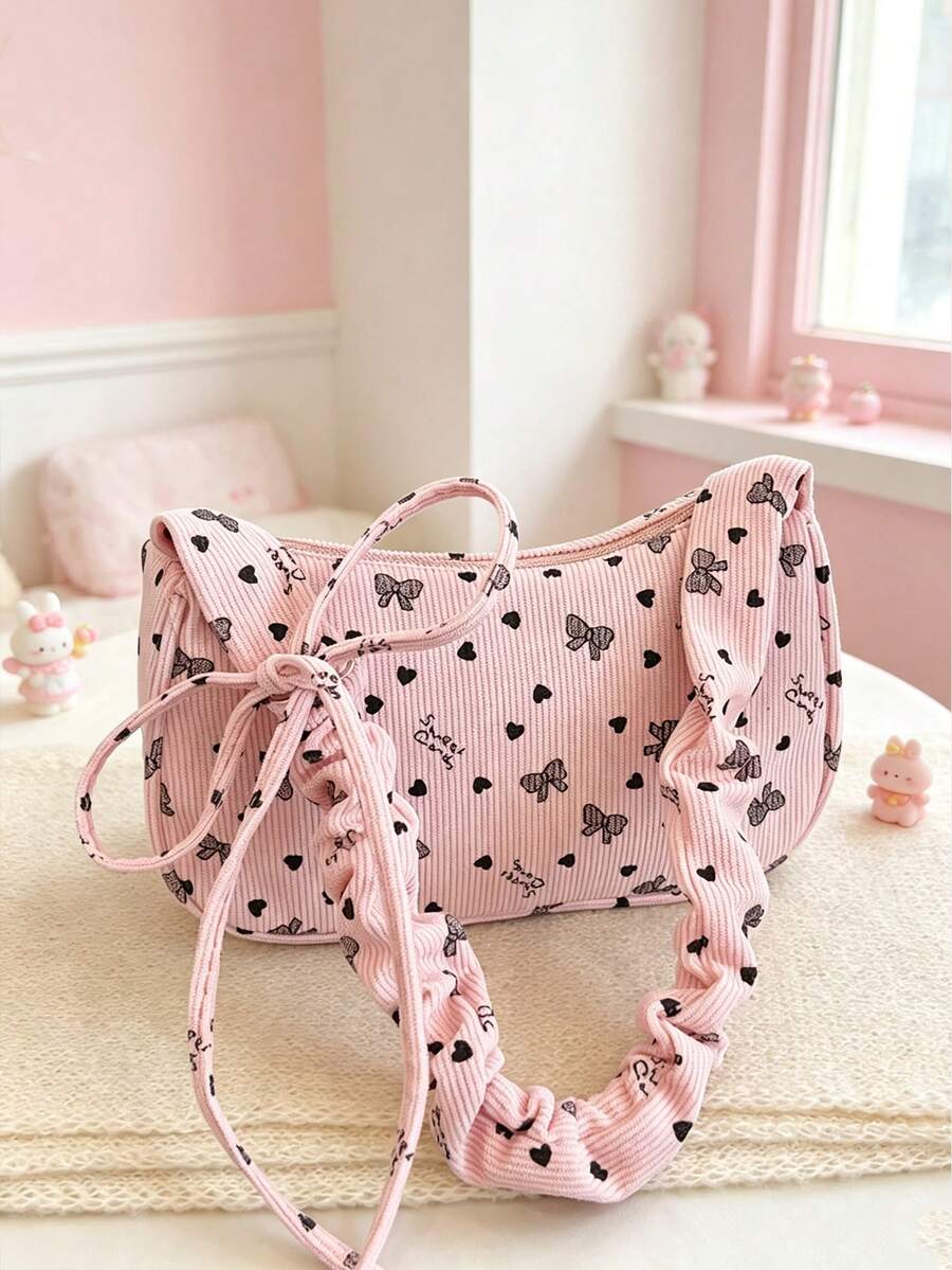 Cute Pink Corduroy One Shoulder Underarm Bag For Girls, Bow & Heart Print Ruched Strap Hobo Bag, Ruched Strap Y2K Style Underarm Bag, Casual Daily Small Bag - Pink - View 1