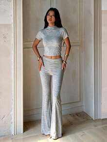 Women's Autumn Fashion Casual Solid Color Short Sleeve Top And Ruched Pants 2 Pieces Set - Grey - View 3