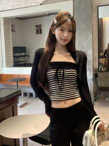 Fashionable 2 Pieces Set Black Elegant Long Sleeve Cardigan Short Jacket And Striped Bandeau Tank Top For Women Autumn/Winter - Black - View 1
