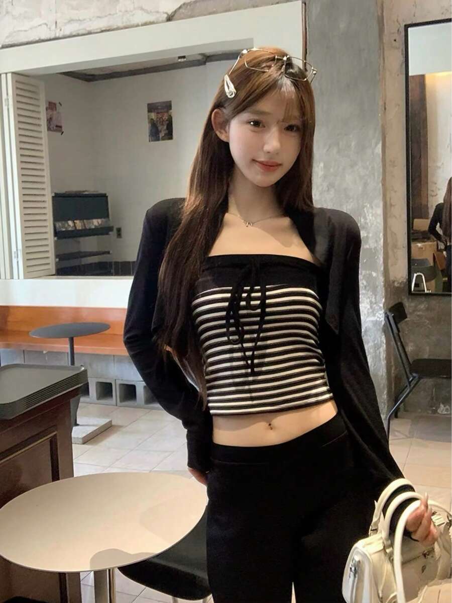 Fashionable 2 Pieces Set Black Elegant Long Sleeve Cardigan Short Jacket And Striped Bandeau Tank Top For Women Autumn/Winter - Black - View 1