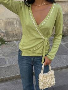 MORI Fall Winter Women Sweaters Y2K Chic Green Wrap V Neck Button Trim Side Tie Knit Sweater Long Sleeve Daily Office Vacation Outfits Clothes - Avocado - View 6