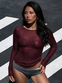 大码女式时尚性感水钻透视修身优雅百搭长袖圆领上衣，适合音乐节休闲春季穿着 - 酒紅色 - 查看 1