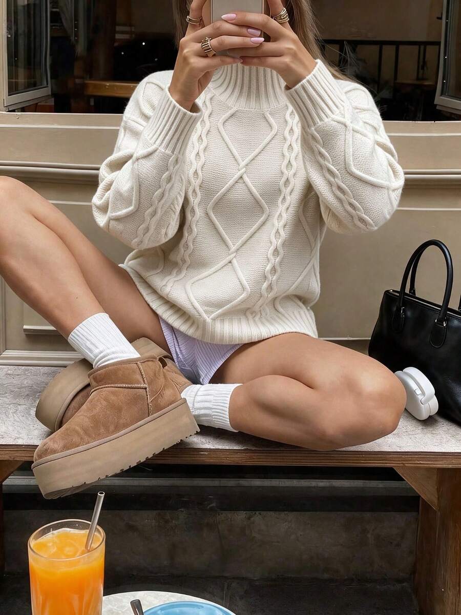Women's New Autumn High Neck Knit Sweater For Daily, Campus, Commute And Travel - Rice Apricot - View 1