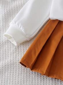 2pcs Young Girls Vintage Campus Style Color Block Lapel Letter Print Long Sleeve Sweatshirt & Versatile Pleated Skirt Spring Autumn Set - Burnt Orange - View 5