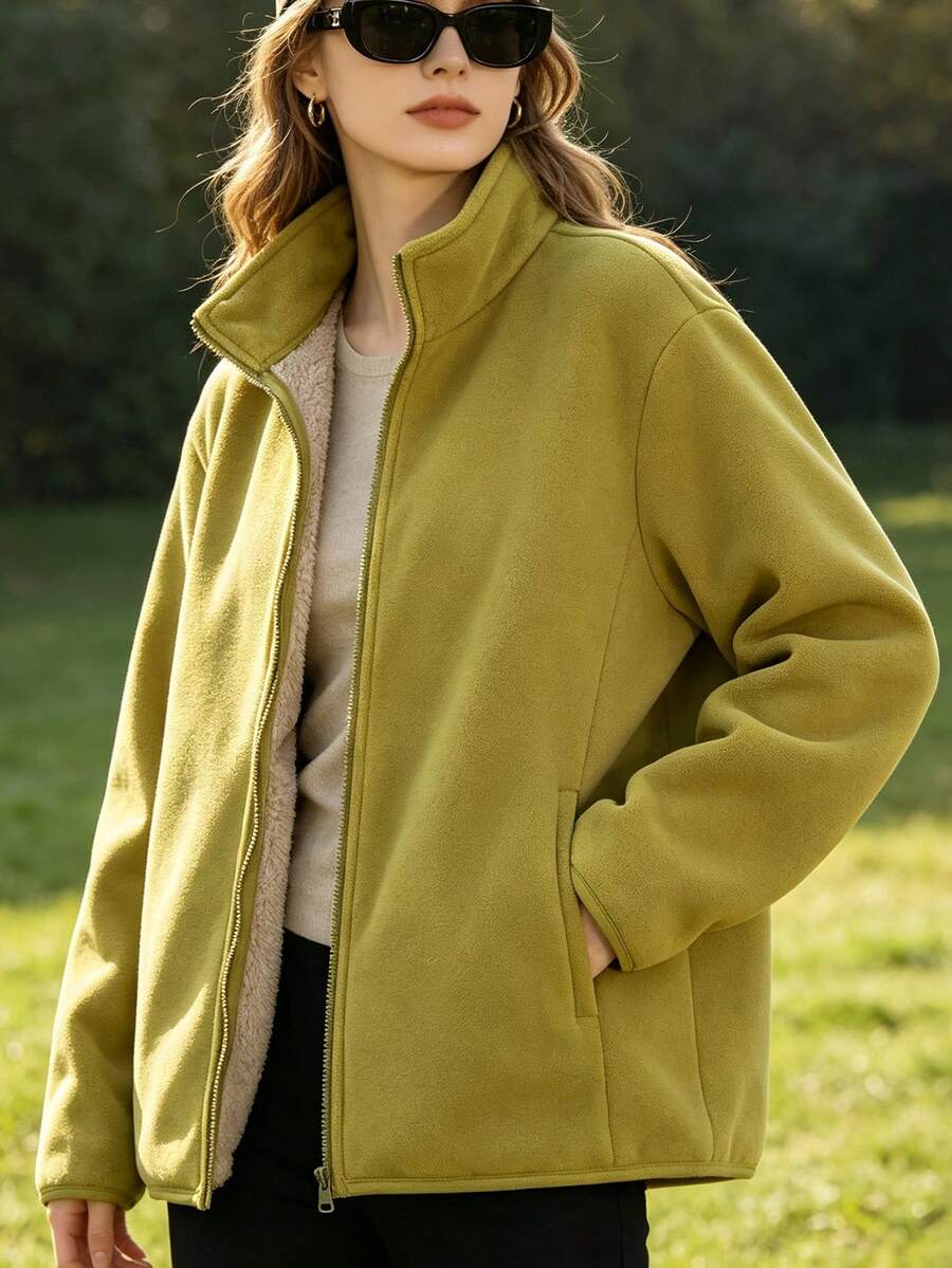 Women's Thick Fleece Lined Double-Sided Warm Lightweight Stand Collar Zipper Sports Jacket - Mustard Yellow - View 1