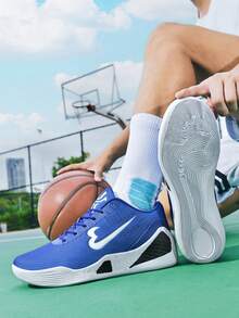 Men Breathable Mesh Basketball Sneakers Lace-Up Closure Contrast Color Panel Thick Court Sport Footwear For Daily Training Basketball Sneakers - Royal Blue - View 4