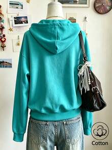 Women's Loose Fit Thin Drawstring Hooded Sweatshirt, Suitable For Spring And Autumn Casual Daily Wear - Teal 2 - View 4