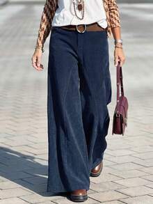 Women's Corduroy Flare Pants, Wide Leg Bohemian Style Long Pants With Pockets, Zipper And Button Fly, Slightly Stretchy, Suitable For Autumn Wear - Royal Blue - View 4