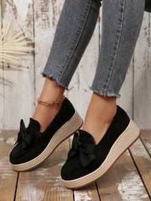Women's New Bow Suede Thick Sole Comfortable Height-Increasing Wedge Shoes Beach Bow Home - Black - View 5