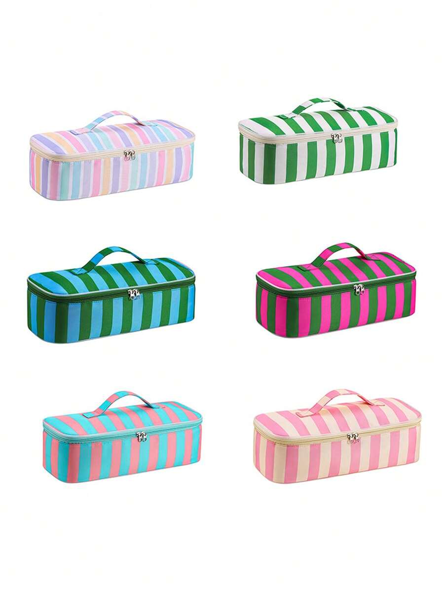 Colorful Striped Hair Tool Storage Bag With Mesh Pocket, Zippered Travel Portable Organizer For Hair Dryer/Curling Iron/Flat Iron, Vacation Travel - Multicolor - View 1