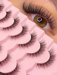 Asiteo 7 Pairs Clear Stem Cat Eye False Eyelashes, Natural Look, Reusable, Lightweight Soft Curly Strip Lashes, Suitable For Women's Daily, Nightclub, Commute Wear - Black - View 5