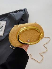 Women's Oval Hard Shell Evening Clutch Bag, 3D Embossed Embossed Pattern, Curved Metal Handle, Elegant Luxury Style, Suitable For Women's Wedding, Ball, Banquet Use - Gold - View 5