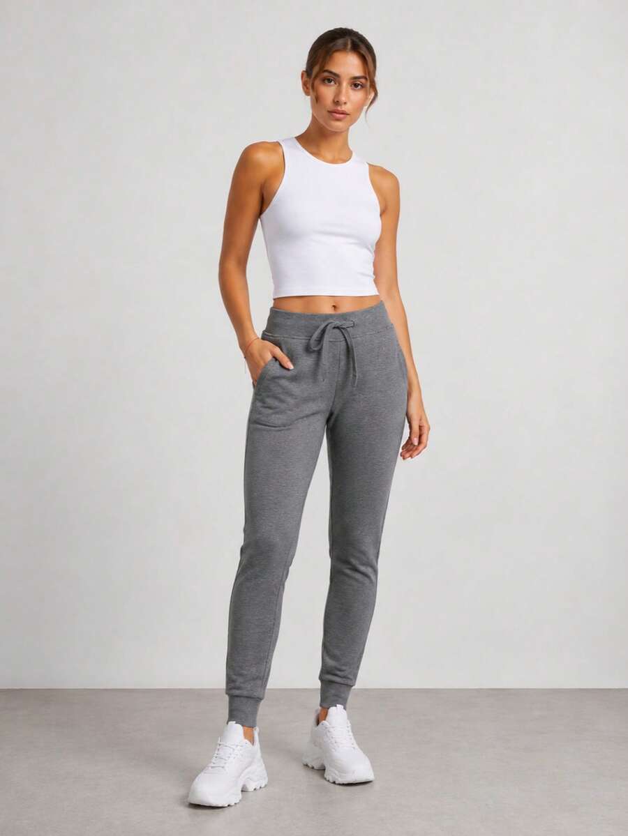 Sweatpants, Elastic Waistband With Drawstrings, Mid-Rise, 2 Pockets, Tapered Legs With Drawstrings, Basic - Dark Grey - View 1