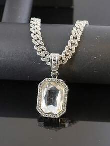 Rectangular Large Gemstone Pendant Full Diamond Cuban Necklace, Octagonal Main Stone Rhinestone Pendant, Hip Hop Ice Diamond Accessory, Unisex Rap Street Party Jewelry - Gemstone Pendant Necklace - View 7