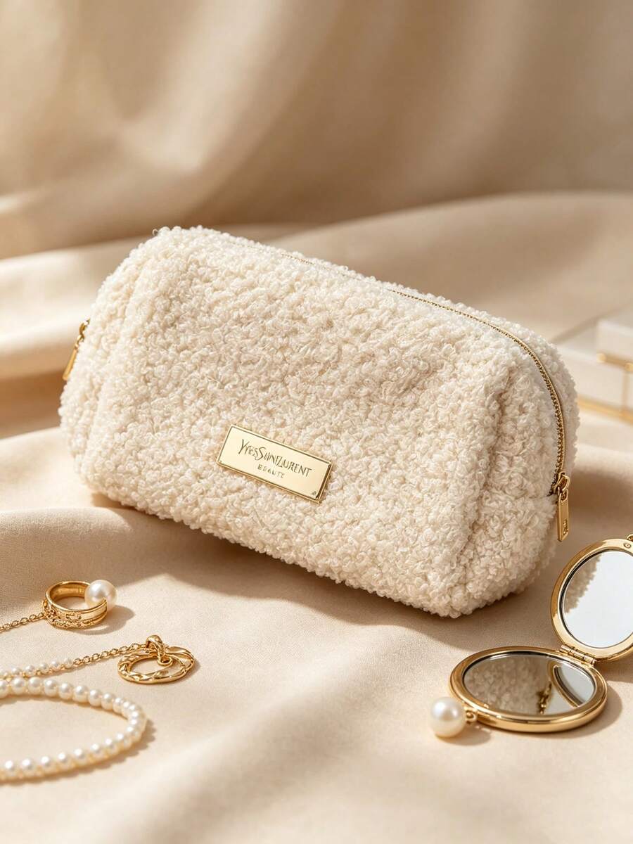 Yves Saint Laurent YSL Saint Laurent Cream Apricot Teddy Fleece Makeup Bag, Ins High-End Plush Handheld Touch-Up Pouch For Women