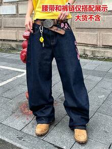 Streetwear-jeans i denim med plomblomsbrodyr för tonåringar - Marinblå - Visa 6