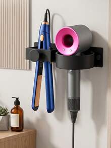 Multi-Functional Hairdryer Holder , No-Drill Wall-Mounted Storage Rack For Bedroom And Bathroom Multifunctional Wall-Mounted Bathroom Organizer - Stylish Black Design, Suitable For Hair Dryer, Comb, Shaver, And Cosmetics Storage - Multicolor 1 - View 4