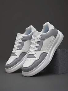 Unisex Fashion Colorblock Sneakers, Layered Patchwork Upper Design, Thick Platform Sole, Suitable For Streetwear And Dating Outings - Grey - View 6