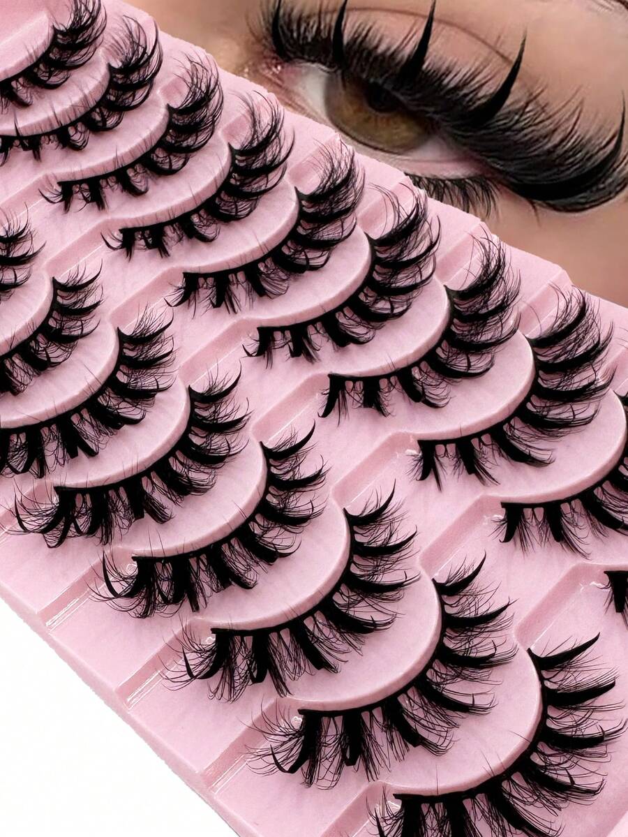 10 Pairs Spiky Frizzy False Eyelashes, D-Curl Fluffy Russian Strip Lashes, 3D Mink-Like Dense Cat Eye Lashes, Long Messy Fox Eye Eyelash Extensions Set, Full Lash Strips For Lengthening And Volumizing Outer Corners, Makeup Practice Lashes For Personal Use, Reusable For Prom And Wedding - Black - View 1
