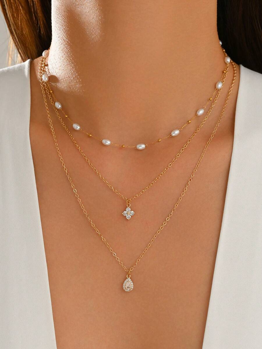 3pcs/Set Elegant Exquisite Stainless Steel Women's Necklace With Faux Pearl Chain, Shiny Four-Leaf Clover And Water Drop Pendant, Charming Neck Jewelry Suitable For Daily Wear, Shopping And Dating - Multicolor - View 1