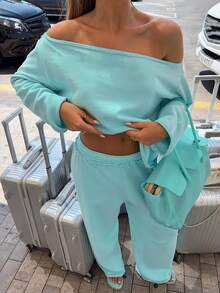 Comfortable Off-The-Shoulder Sweatshirt And Wide Leg Pant Set For Women, Sexy Casual Two Pieces Outfit, Perfect For Fall - Baby Blue - View 3