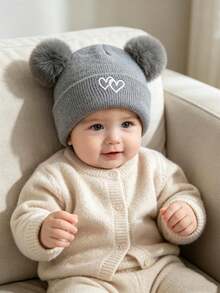 Heart Embroidery Double Pom Pom Baby Knitted Hat, Cute Baby Woolen Hat, Fashionable Versatile Ear Protection Hat - Multicolor - View 2