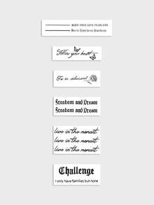 6 Sheet Blue Ink Lettering Temporary Tattoo Stickers, Gothic Cursive Inspirational Texts With Rose Butterfly Designs, Waterproof Body Art Decals, Apply On Collarbone, Arm, Shoulder, Cool Literary Daily Decor - Black - View 2