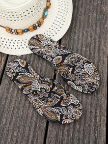 Summer Versatile Women's Paisley Flower Print Flip Flops, Flat Beach Sandals, Thong Slippers For Beach, Vacation And Home - Black - View 6