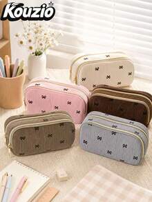 Cute Bow Pattern Corduroy Pencil Case, Large Capacity Double Layer Zipper Pen Pouch With Organizer Slots, Portable Stationery And Cosmetic Storage Bag For School, Office And Travel - Bow-tie Style - View 7