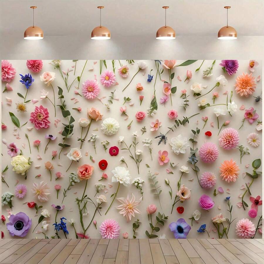 1 buah Banner Latar Belakang Bunga Berwarna-warni Segar, Bahan Poliester, Cocok untuk Pernikahan, Pesta Lajang, Ulang Tahun, Dekorasi Dalam/Luar Ruangan, Dekorasi Rumah, Taman, Halaman, Tema Universal