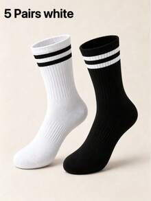 Business Style Men's White With Black Stripes Mid-Calf Socks, Skin-Friendly Cotton Breathable Versatile Sports Socks For Campus, Casual And Daily Wear - Black - View 7