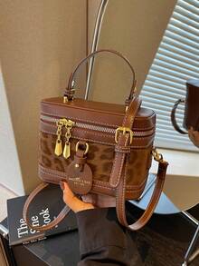 New Vintage Fashion Leopard Print PU Box-Shaped Handbag With Luxurious Gold-Embossed Letters-Women's Shoulder Bag And Wallet - Brown - View 7