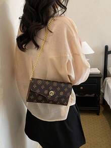 PU Leather Dual-Color Letter Print Casual Shoulder Bag, Women's Envelope Bag With Chain Strap, Fashionable & Versatile - Coffee - View 6