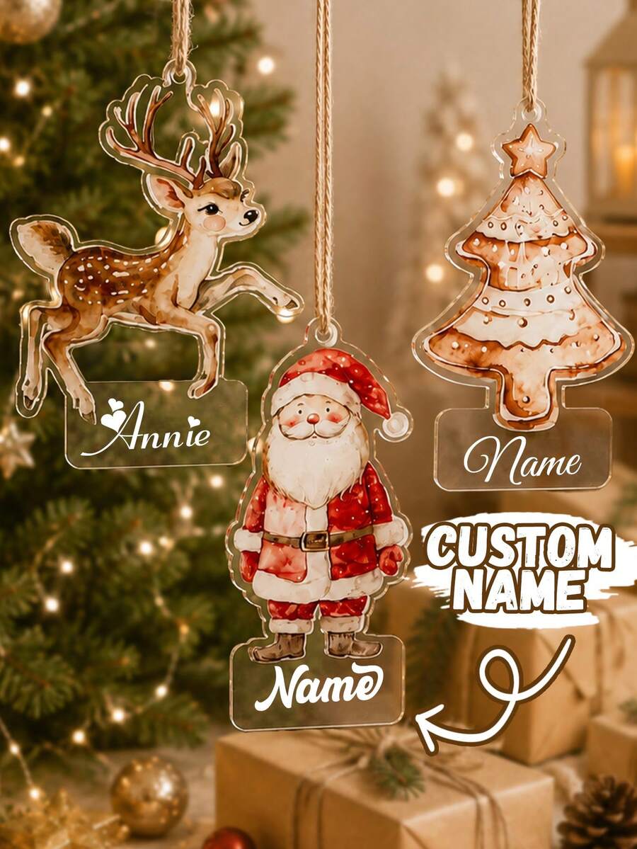 Custom Name Christmas Ornament, Personalized Santa Reindeer Tree Hanging Decor, Festive Holiday Style, Customized Christmas Tree Decoration, Customizable Name Pendant, Christmas Home Decor, Holiday Keepsake Gift, Bag Charm, Gifts For Family, Friends - Style a - View 1