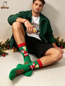 1 Pair Christmas Funny Mid-Calf Socks, Quirky Santa Claus Beer Mug Letter Holiday Socks For Men And Women - Green - View 3