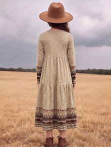 Tween Girls' Bohemian Style Positioned Print Long Sleeve Long Dress, Autumn Outing First Choice, Autumn/Winter Outfit, All Seasons Available - Multicolor - View 3