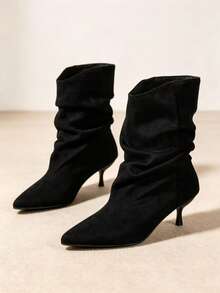 Women's Pointed‑Toe Kitten‑Heel Low‑Heel Ankle Boots, Black Elegant Ruched Boots, Fashion Short Boots For Autumn & Winter - Black - View 7