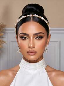 1pc Elegant Pearl Bridal Headband, Minimalist Rhinestone Narrow Headband For Wedding, Festival, Party, Daily Wear Women's Hair Accessory - Gold - View 2